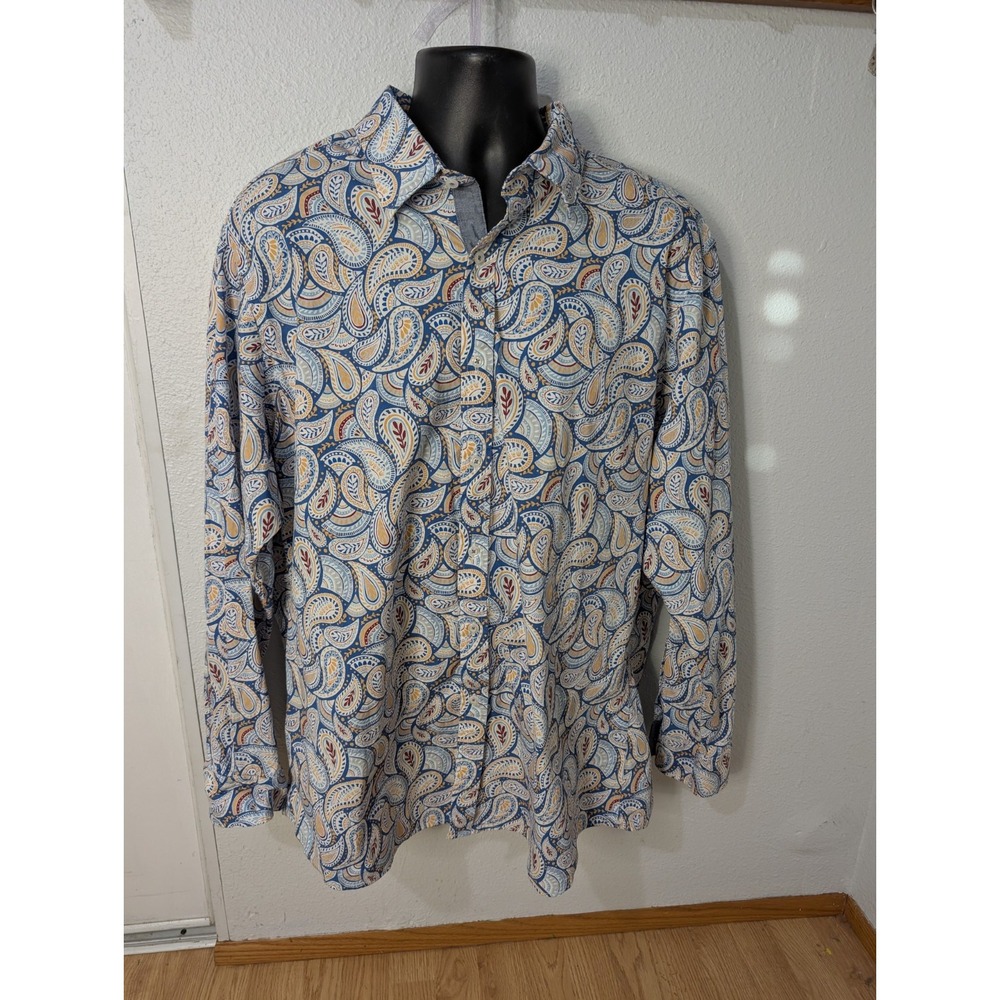 Cremieux Men's XXL  Paisley Button Down Shirt‎ Blue Cotton Stretch Long Sleeve